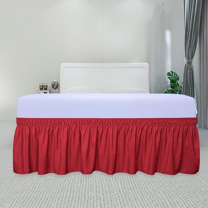 PureFit Wrap Around Ruffled Bed Skirt with Adjustable Elastic Belt - 18 Inch Drop Easy to Put On, Wrinkle Free Bedskirt Dust Ruffles, Bed Frame Cover for Queen, King and C-King Size Beds, Red