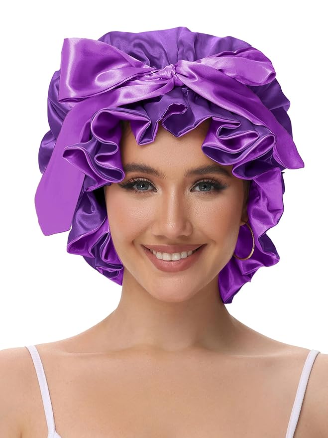 Cute Adjustable Silk Bonnet for Sleeping Double Layer Satin Cap Hair Sleep Bonnet for Curly Hair Purple