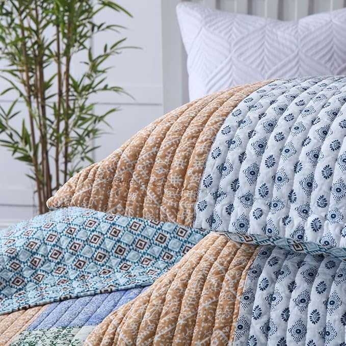 Autumn Dream Cotton Bedspread Quilt Sets Reversible Bedding Coverlet Sets Comforter, Bohemian Paisley Patchwork Blue Bedspread, King Size