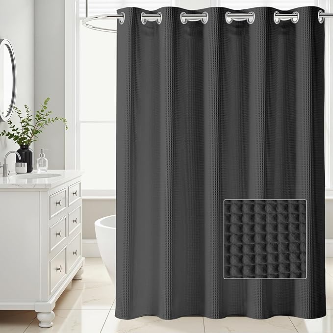 River Dream Black Waffle Weave Shower Curtain with Snap-in Liner,Cotton Blend Fabric Heavy Duty,No Hooks Needed Shower Curtain for Bathroom,Hotel Quality Shower Curtain Set,71 x 74 inches