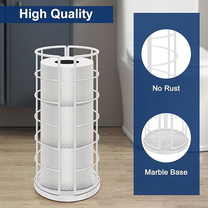 NearMoon Toilet Paper Organizer Stand, Free Standing 3 Rolls Tissue Storage, Metal Bathroom Accessory, Rustproof Toilet Roll Holder for Kitchen Countertop Inside Cabinet Shelf(Marble Base, White)