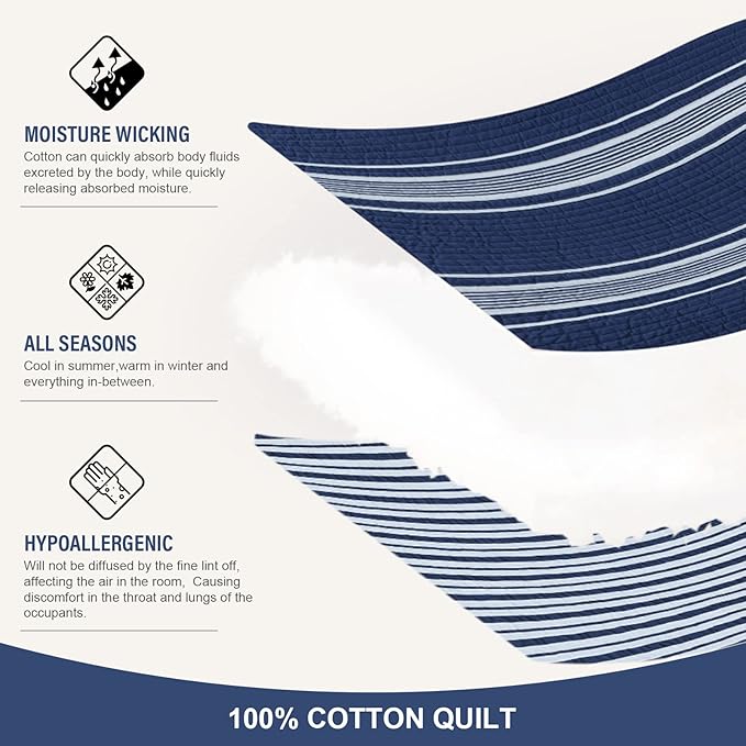 Y-PLWOMEN Queen Quilt Set - 100% Cotton Queen Quilt, Navy Blue Striped Quilt for Queen Bed, Lightweight Reversible Queen Size Bedspread for All Season, 3-Piece