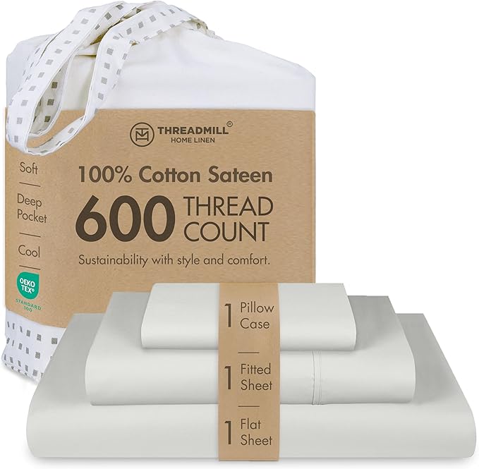 Threadmill 100% Cotton Sheets for Twin XL Size Bed - 600 Thread Count Twin XL Bed Sheets Set with 15” Deep Pocket - Sateen Weave 3-Piece Bedding Set with Cooling Effect, Light Grey