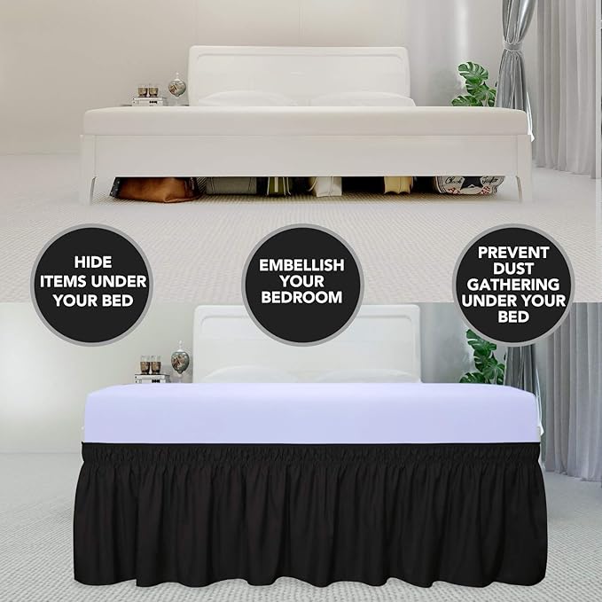PureFit Wrap Around Ruffled Bed Skirt with Adjustable Elastic Belt - 18 Inch Drop Easy to Put On, Wrinkle Free Bedskirt Dust Ruffles, Bed Frame Cover for Queen, King and C-King Size Beds, Black