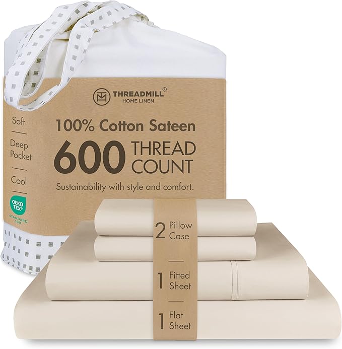 Threadmill 100% Cotton Sheets for Cal King Size Bed - 600 Thread Count Cal King Bed Sheets Set with 16” Deep Pocket - Sateen Weave 4-Piece Bedding Set with Cooling Effect, Beige