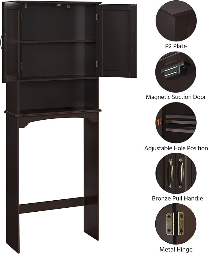 Yaheetech Over The Toilet Storage with 2 Doors & Adjustable Shelf, Free Standing Toilet Rack Wooden Space-saving Collect Cabinet, Bathroom Furniture, 9Dx24.5Wx66H Inches, Espresso