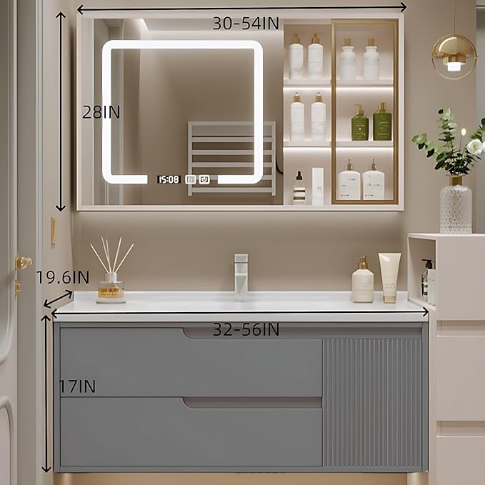 Cream Grey Sophisticated Bathroom Vanity - Bathroom Vanity with Smart Storage & Mirror Cabinet, Defogging, LED Light | Wall-Mounted Bathroom Storage Cabinet & Bathroom Vanity with Sink (Grey, 56IN)