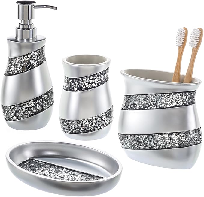 Creative Scents Silver Bathroom Accessory Set - Mosaic Glass Bathroom Soap Dispenser Set; 4-Piece Bathroom Set Includes: Lotion Dispenser, Toothbrush Holder, Tumbler & Soap Dish - Gift Packaged