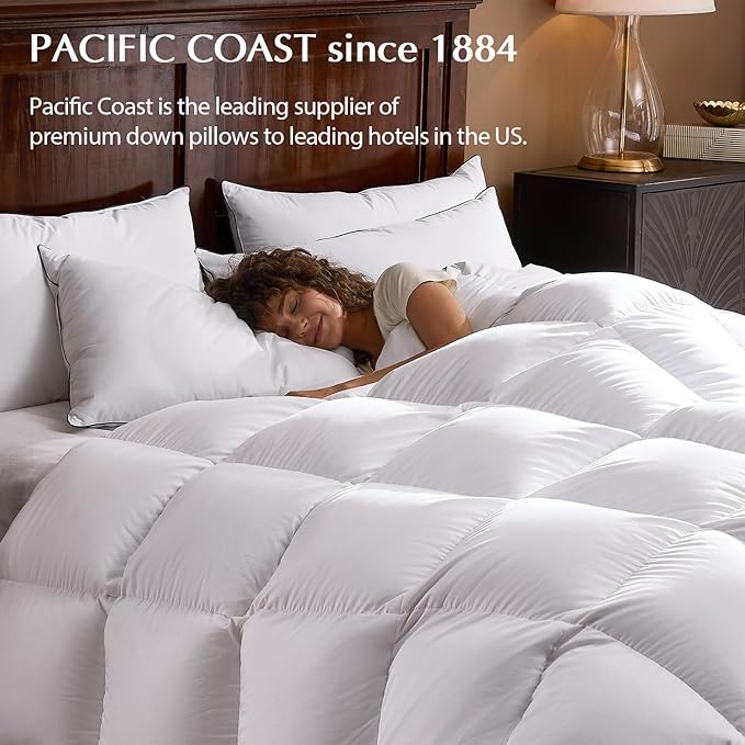 Pacific Coast Bed Pillow, Hotel Goose Feather and Down Pillow for Sleeping, 3-Chamber Pillow with High Thread Count 100% Cotton Shell, Queen Size