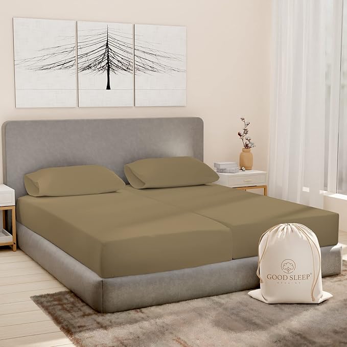 Good Sleep Bedding Split King Sheets Sets for Adjustable Bed Cotton, Luxury Sheets, Egyptian Cotton, 5 Piece 100% Cotton Split King Sheet Set, Sateen Weave, 2 Fitted - 16" Deep Pocket, Taupe