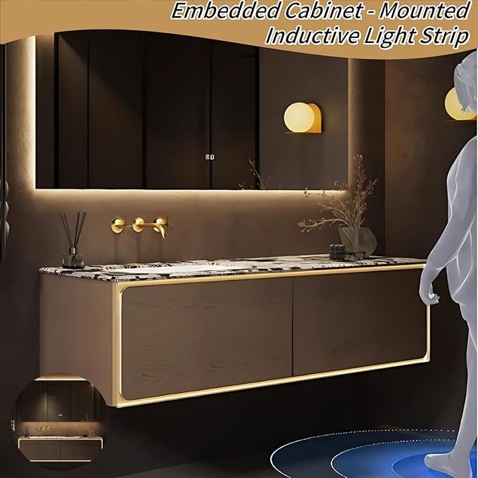 70IN Bathroom Vanity Set with a Single Sink - Embedded Sensor Light Strip & Large Capacity Floating Cabinet | Modern Bathroom Vanities with Defogging Mirror Surface & LED Lighting (Mirror)