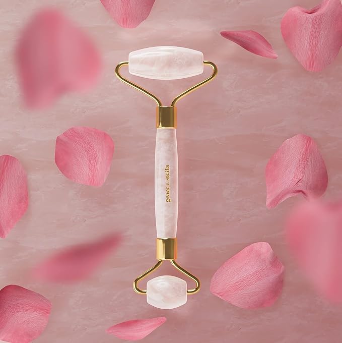 Rose Quartz Face Roller - Face Roller Skin Care - Facial Roller - Stone Roller For Face - Face Massager Roller For Lymphatic Drainage, Puffiness - Quartz Roller For Face by grace and stella