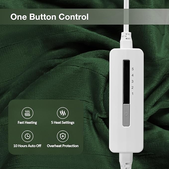 Electric Heated Blanket Full Size 72”x84”,Cozy Soft Warmth with 5 Heating Settings 10 Hours Auto-Off, Long Cord Energy-Saving, for Bed, Fast Heating Machine Washable, Green