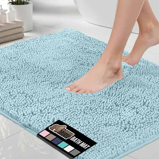 GORILLA GRIP Bath Rug Mat, Thick Soft Absorbent Chenille, Quick Dry Microfiber Mats, Rubber Backing Washable Shower Floor Rugs, Bathmat Runner, US Designed Bathroom Home Decor Accessories 24x17, Sky