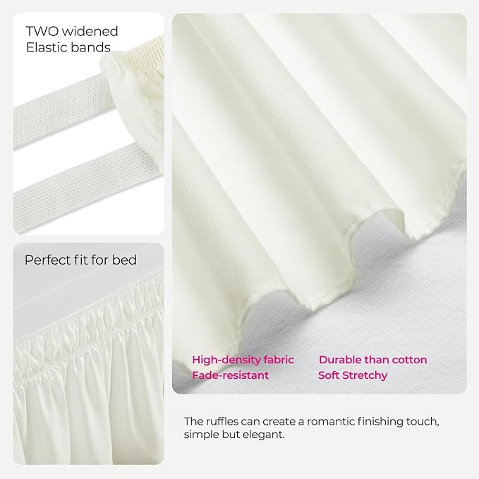 RIMELA Dorm Bed Skirt Twin XL 46 Inch Drop, Easy to Install Extra Long Wrap Around Elastic Dust Ruffle, Ivory White Bedskirt Solid Silky Fabric (Twin XL 80“L x 39”W & Twin 75“L x 39”W)