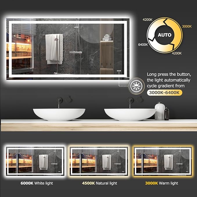 72X36 LED Bathroom Mirror with Lights, Anti-Fog, Dimmable, Backlit + Front Lit, Smart Bathroom Vanity Mirror, Memory Function, Shatterproof, Tempered Glass (Horizontal/Vertical)