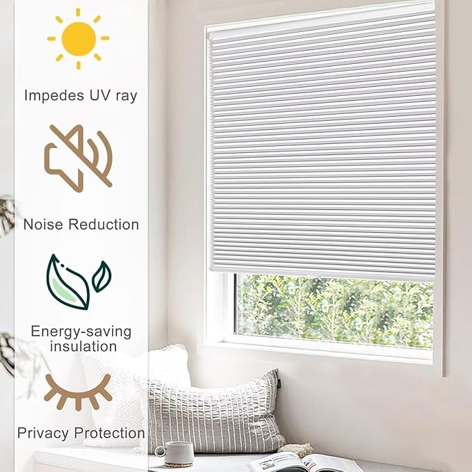 MYshade 1.5-Inch Cellular Cordless Blackout Shades,Thermal Insulating Noise Reducing Waterproof Blinds,Honeycomb Window Treatments for Indoor Light Control (White-36 W x 64" H)
