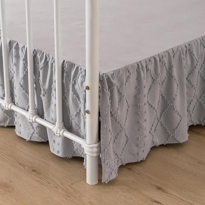 Bed Skirt Queen Size Ruffled Bed Skirt with Split Corners, 14 Inch Drop Dust Ruffle Bed Skirts with Platform, Boho Tufted Shabby Chic Full Size Bed Skirts, Light Grey
