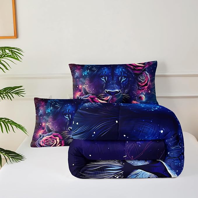 Black and Red Galaxy Roses Lion Comforter Set Full Size，Full Size Bedding Set Animal Print，Jungle Animal Bedroom Decor，with 1 Comforter with 2 Pillow Case