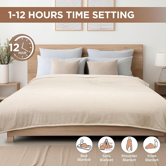 Westinghouse Electric Blanket Twin, Flower Jacquard Heated Blanket Twin Size with 10 Heating Levels and 1-12 Hours Auto-Off, Flannel to Sherpa Reversible, Machine Washable (62" x 84", Beige)