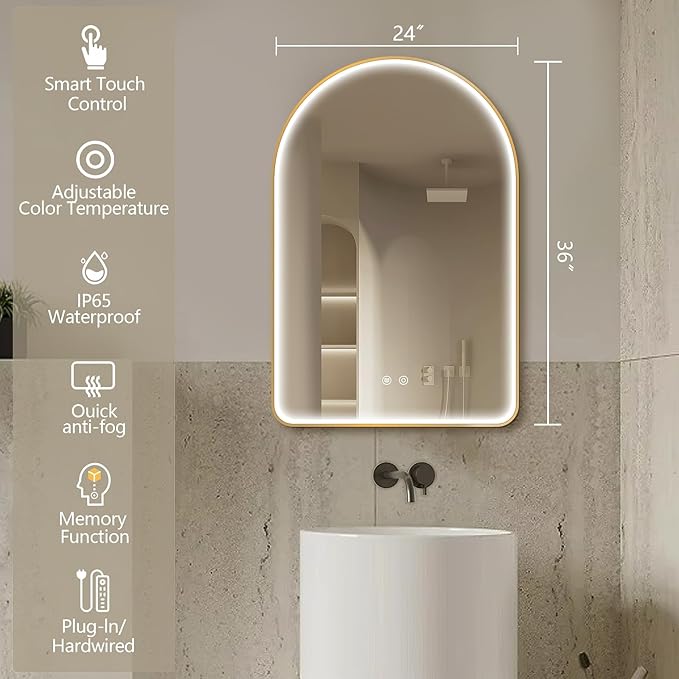 Niccy Arched LED Bathroom Mirror, 36"x24" Gold Framed Arch Wall Lighted Mirrors, Arching Frontlit Vanity-Mirror with Memory Function for Bathroom Bedroom, Defogger and 3 Color, Explosion-Proof