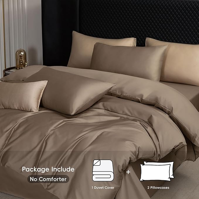 MooMee Duvet Cover Set 100% Extra Long Staple Cotton 600 Thread Count Silky Sateen Smooth Luxury Soft Breathable Durable Hotel Quality Bedding, 3 Piecess (Mocha Brown, Oversized King 120"x98")