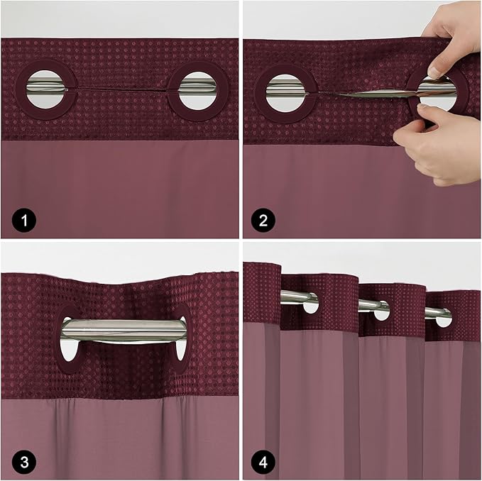 Colorful Star No Hook Shower Curtain with Snap in Fabric Liner, Waffle Weave Heavy Duty Thick Shower Curtains with Mesh Top Window, Hotel Style Waterproof Bathroom Curtain Set, 72 x 87 Inch, Burgundy