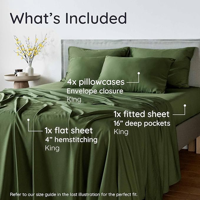 Bambaw 100% Viscose Derived from Bamboo Sheets King Size Set – 6pcs Set of Cooling Sheets for Hot Sleepers, Fits Up to 16'' Mattresses, Super Soft & Luxury Bedding Sets King (Olive)