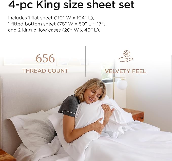 Threadmill American Supima King Size Sheets Set | 656 Thread Count 4 Piece Luxury Bed Sheets for King Size Mattress | 5 Star Hotel Quality Sheets with Elasticized Extra Deep Pocket | White Sheets