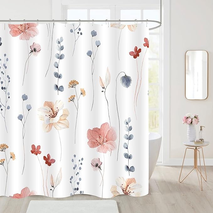 Gibelle Small Stall Shower Curtain 36 x 72, Narrow Half Watercolor Floral Fabric Shower Curtain, Coral Beige Flower Decorative Bathroom Shower Curtain Set with Hooks