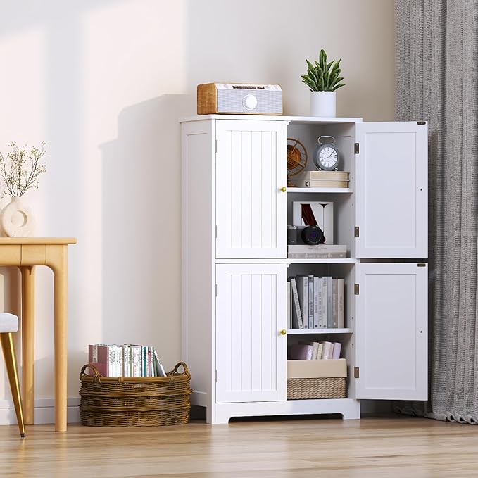 Bathroom Floor Storage Cabinet, 44.5" Freestanding Bathroom Cabinet with 4 Doors and Adjustable Shelves Modern Cupboard for Entryway, Living Room, Kitchen (White)