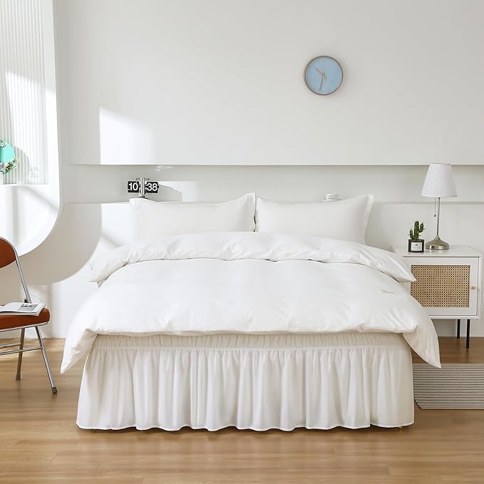 MEILA Wrap Around Bed Skirt Three Fabric Sides Elastic Dust Ruffled 18 Inch Tailored Drop,Easy to Install Fade Resistant-Natural White, Twin/Full