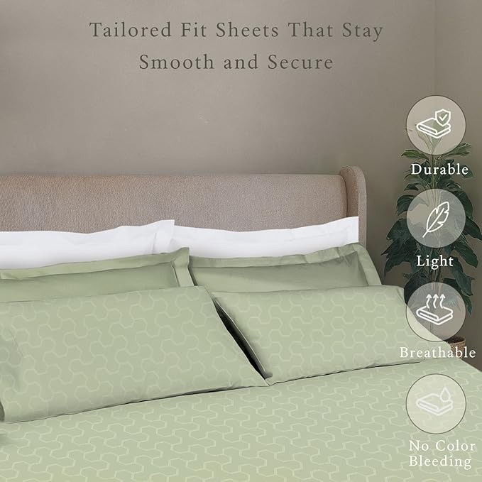 Threadmill 500 Thread Count Full Size 4 Pc Luxury Cotton Sheet Set, Jacquard Floria Sage Green, Silky Smooth Sheets with 16" Elasticized Deep Pocket, 2 Pillowcases & Free Tote Bag