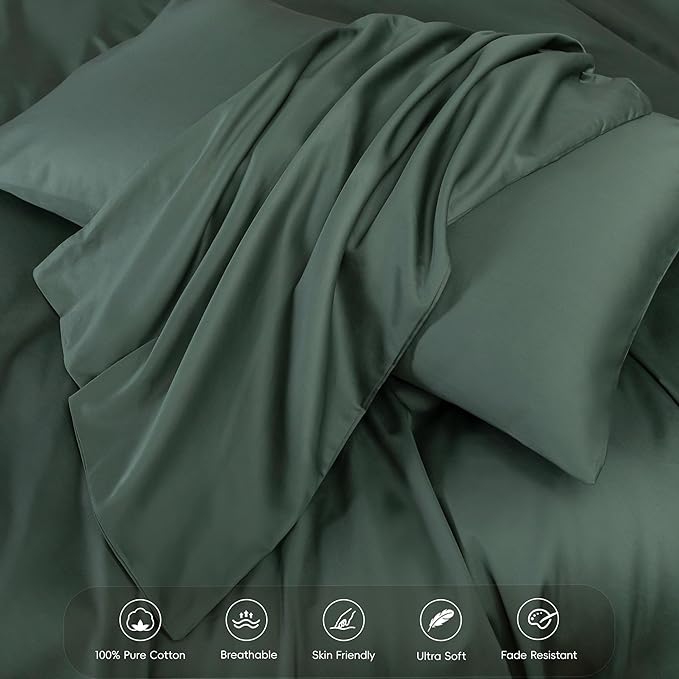 MooMee Queen Duvet Cover Set, 100% Extra Long Staple Cotton 600 Thread Count Sateen Silky Soft Breathable Durable Luxury Hotel Quality Bedding Set, 3 Pieces (Dark Green, Queen 90"x90")