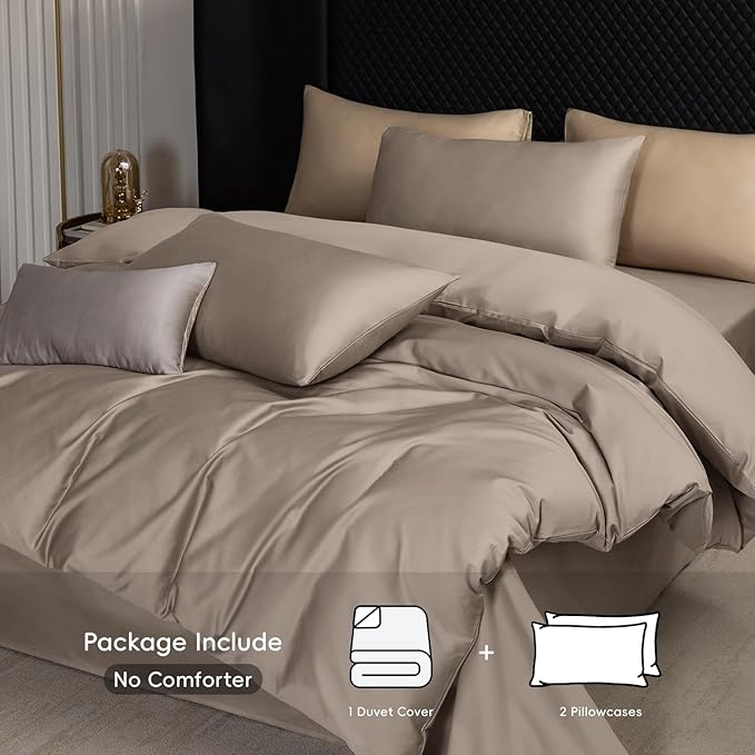 MooMee Duvet Cover Set 100% Extra Long Staple Cotton 600 Thread Count Silky Sateen Smooth Luxury Soft Breathable Durable Hotel Quality Bedding, 3 Pieces (Tannish Gray, King 104"x90")