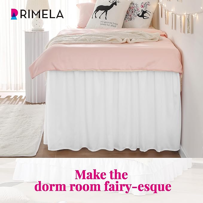 RIMELA Dorm Bed Skirt Twin XL 22 Inch Drop, Extra Long Wrap Around Elastic Bed Skirts Easy to Put On Twin Size Dust Ruffle, White Bedskirt for Adjustable Bed Base Solid Silky Fabric Machine Washable