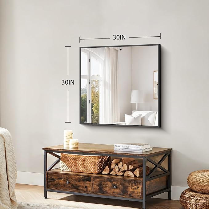 Koonmi Black Framed Bathroom Mirror - Shatterproof 30"x30" Tempered Glass, HD No Distortion, Horizontal/Vertical Mount, Modern Matte Aluminum Alloy Frame