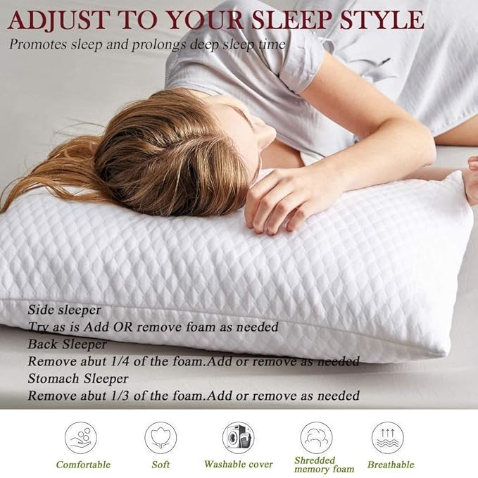 NTCOCO 2 Pillows, Shredded Memory Foam Bed Pillows for Sleeping, with Washable Removable Cooling Hypoallergenic Sleep Pillow for Back and Side Sleeper King (2-Pack)