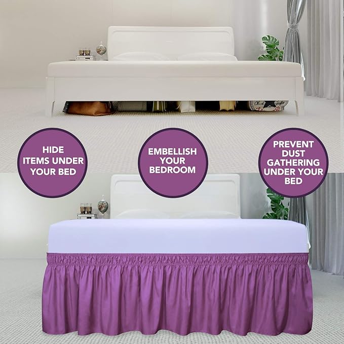 PureFit Wrap Around Ruffled Bed Skirt with Adjustable Elastic Belt - 22 Inch Drop Easy to Put On, Wrinkle Free Bedskirt Dust Ruffles, Bed Frame Cover for Queen, King and C-King Size Beds, Purple