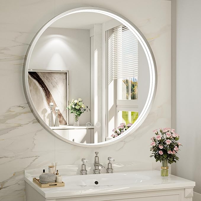 28" Round LED Bathroom Mirror, Dimmable Anti-Fog Vanity Mirror with Touch Control, 6000K Natural Light, Silver Metal Frame, Wall Mounted for Makeup Shaving (IP54, 90+ CRI)