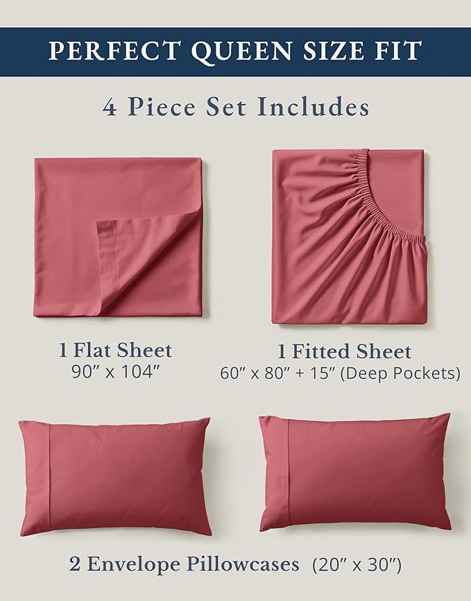 LANE LINEN 100% Organic Cotton Queen Sized Sheets, Fuly Elasticized Mercerized Low Pill Fade Resistant Percale Weave Bedsheets for Queen Size Bed, Soft and Comfy Sheet & Pillowcase Sets - Mineral Red