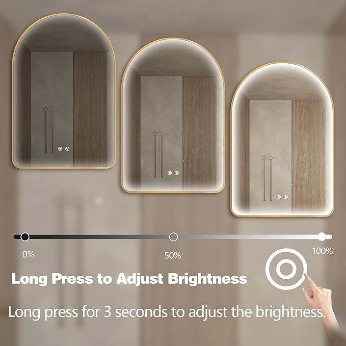 Niccy Arched LED Bathroom Mirror, 36"x24" Gold Framed Arch Wall Lighted Mirrors, Arching Frontlit Vanity-Mirror with Memory Function for Bathroom Bedroom, Defogger and 3 Color, Explosion-Proof