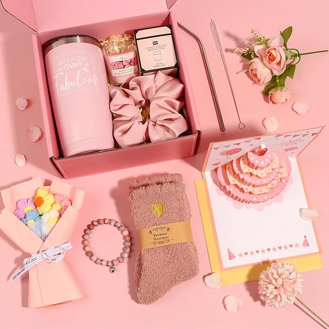Birthday Gifts for Women Friendship, Pink Relaxing Spa Gifts Basket Set for Women, Self Care Gifts Unique Happy Birthday Gift Idea for Mom Her Best Friends Sister Wife Coworker Teacher (Pink)