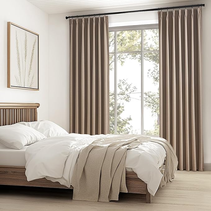 Topfinel 92 Inches Long Tweed Custom Black Out Drapery Panels, Rustic Country Faux Acoustic Textured Opaque Pinch Pleated Window Coverings, Cream Boho Heat Blocking Tab Top Curtains for Bay Window
