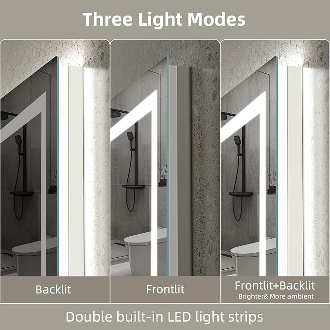 LED Mirror for Bathroom, 60x40 Inch Backlit + Front Lighted Bathroom Vanity Mirror with Lights for Wall, Double Light Strips, 3 Colors, Shatter-Proof, Anti-Fog and Brightness Memory