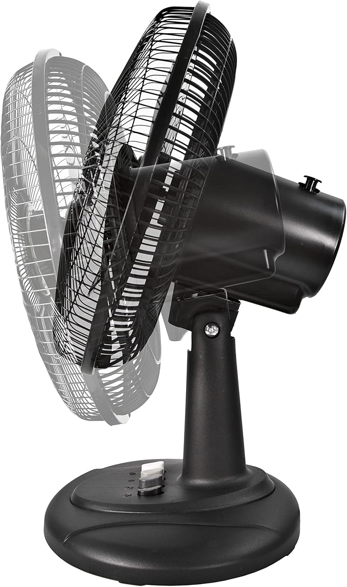 Comfort Zone Oscillating Table Fan with Adjustable Tilt, Convenient Push Button Controls, Quiet, 12 inch, 3 Speed, Desk Fan, Airflow 7.25 ft/sec, Ideal for Home, Bedroom, Dorm & Office, CZ121BK