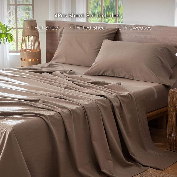 MooMee Bedding Sheet Set 100% Washed Cotton Linen Like Textured Breathable Durable Soft Comfy (Solid Brown, Full)