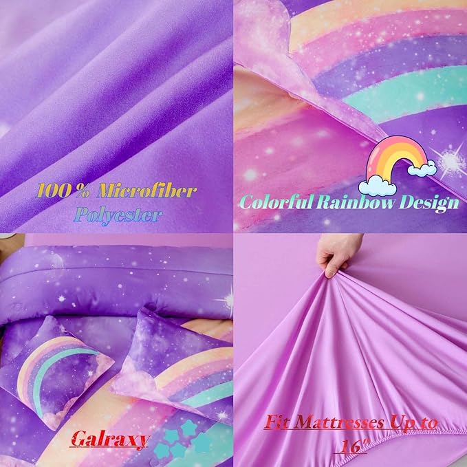 ANGIYUIN Deep Purple Girls Full Size Comforter Set Gradient Glitter Kids Bedding Sets 6 Pieces Soft Lightweight Galaxy Bed in A Bag with Sheets for Teens