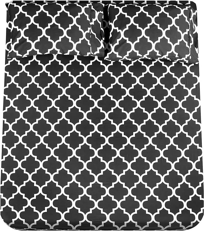 Mejoroom King Bed Sheet Set - Super Soft Brushed Microfiber 1800 Thread Count Sheets with 15 inch Deep Pocket - Wrinkle Free - 4 Piece(King, Black Quatrefoil with White Pattern)