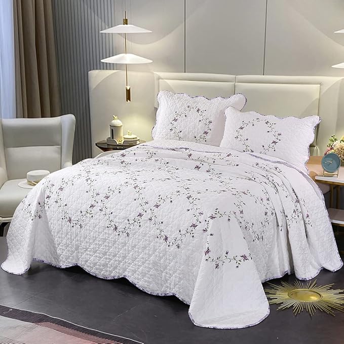 vctops 3-Piece Elegant Floral Embroidered Bedspread Coverlet Set Oversize Queen 100% Cotton Reversible Patchwork 1 Quilt and 2 Pillow Shams (Purple,Oversize Queen)